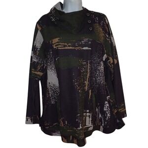 Parsley & Sage Geometric Funnel Neck Tunic Top Olive Green Abstract Women L